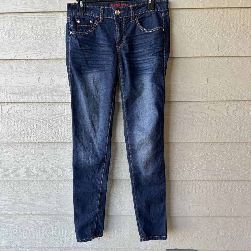 Bongo Skinny Jeans Womens 5 Brown Stitching Jewel Accents Bling Y2K Slim Fit